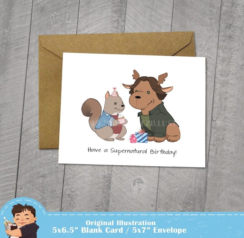 Supernatural Birthday Card, Moose and Squirrel, Approximately 5 x 7 Blank Card, Kraft Envelope, Dean Winchester, Sam Winchester, Fan Art image 1