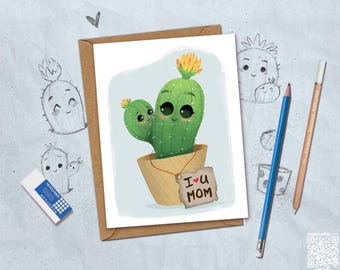 May include: A greeting card featuring a cartoon cactus with a smiling face and a smaller cactus next to it, both in a woven pot. The card has the text "I U MOM" on a tag. The card is inside a brown envelope.