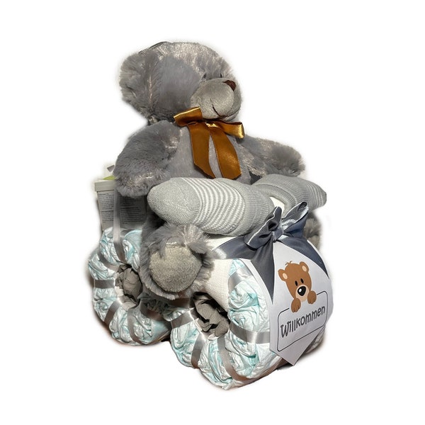 diaper cake neutral | Diaper motorcycle with plush bear grey-grey | gift for birth | Personalized diaper gift