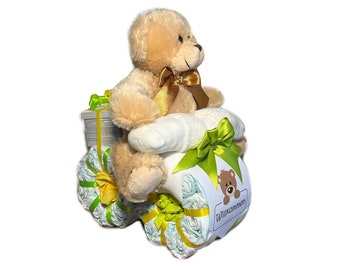 diaper cake neutral | Diaper motorcycle with plush bear beige| gift for birth | Personalized diaper gift