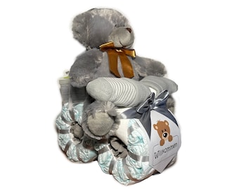 torta de pañales neutral | Motocicleta de pañales con oso de peluche gris-gris | regalo de nacimiento | Regalo de pañal personalizado