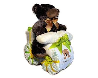 diaper cake neutral | Diaper motorcycle with brown plush bear | gift for birth | Personalized diaper gift