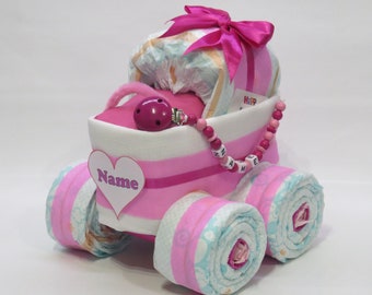 Windeltorte-Windelkinderwagen+ Schnullerkette rosa