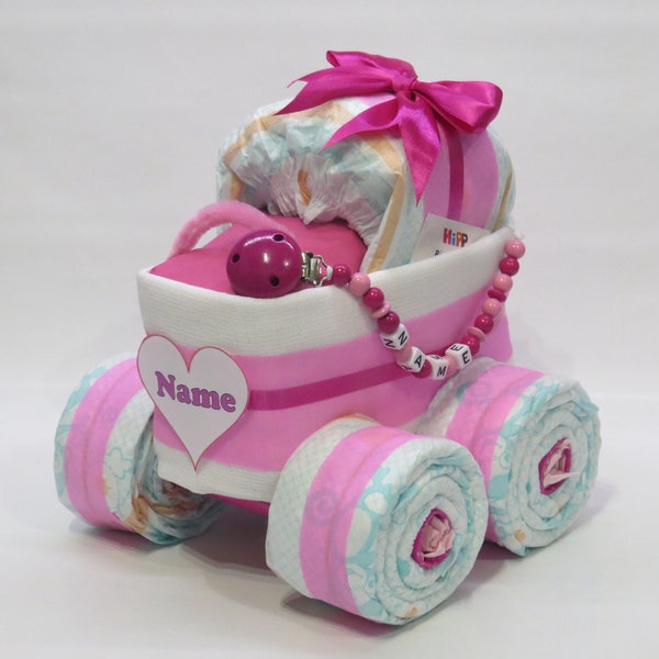 Windeltorte-Windelkinderwagen+ Schnullerkette rosa