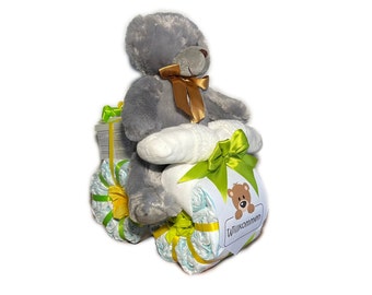 gâteau de couches neutre | Couche moto avec peluche ours gris | cadeau de naissance | Cadeau de couches personnalisé