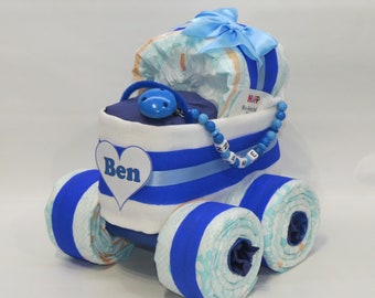 Windeltorte -Windelkinderwagen+Schnullerkette blau