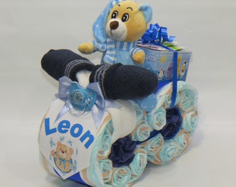 Pastel de pañales - pañal de motocicleta "Teddy" en azul