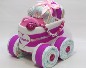 Diaper cake stroller + pacifier chain pink