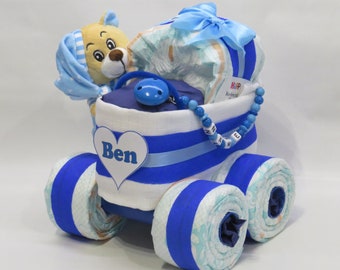 Windelkinderwagen + Schnullerkette + Bär blau