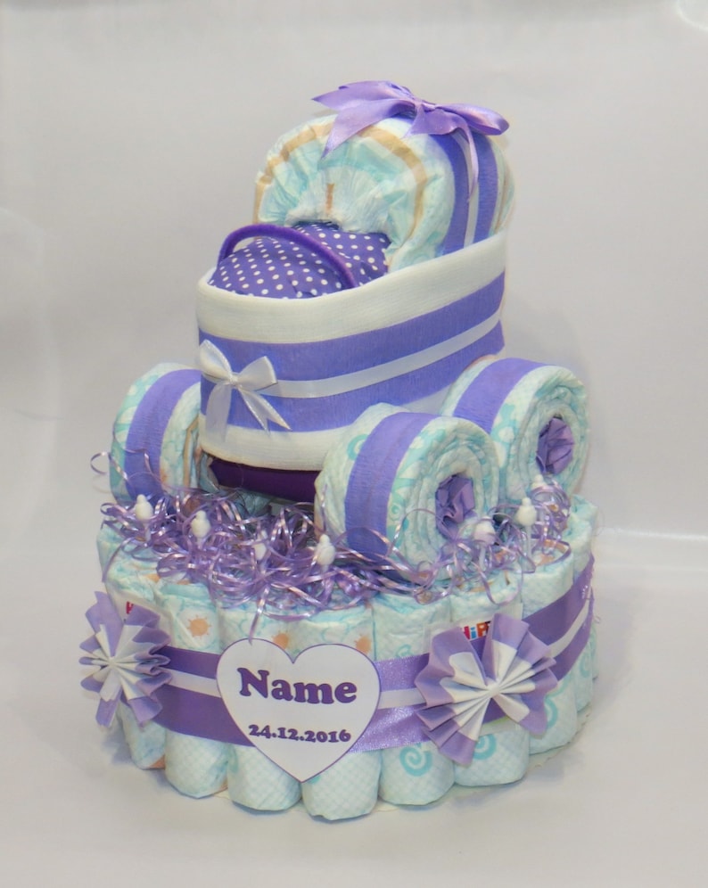 Windeltorte mit Windelkinderwagen XL-Reifen Bär Geburt-Taufe blau