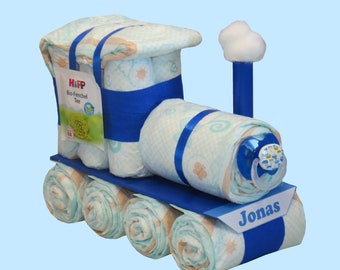 Diaper locomotive blue diaper cake gift for a birth
