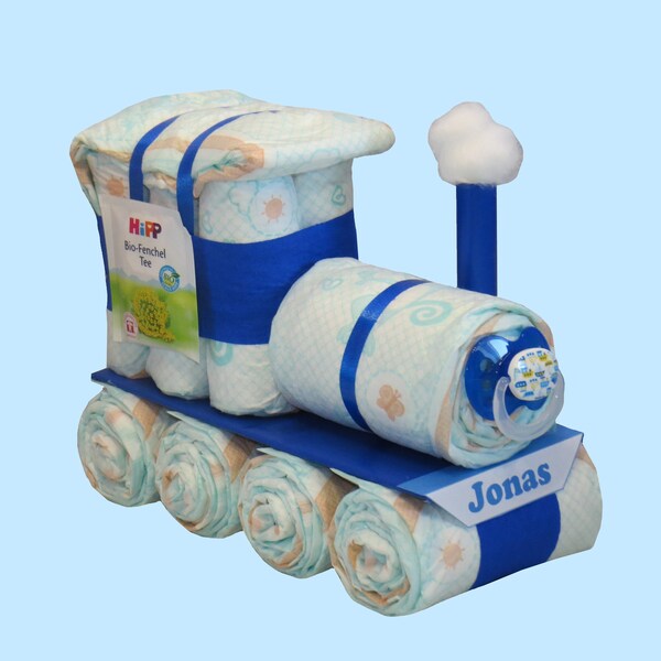 Diaper locomotive blue diaper cake gift for a birth