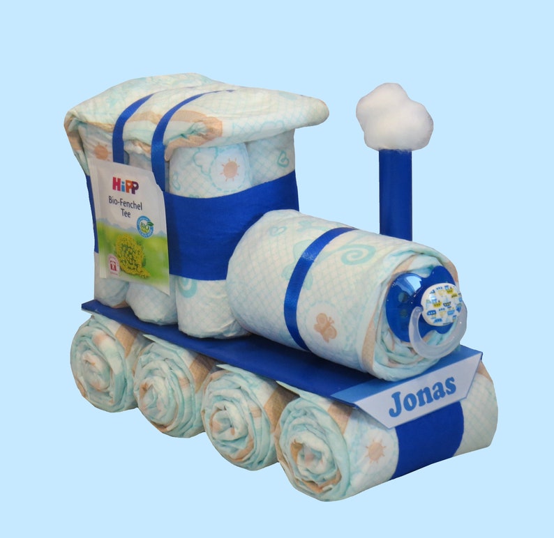 Diaper locomotive blue diaper cake gift for a birth image 1