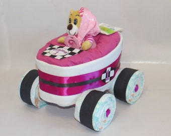 Diaper cake - Diaper racing car "Rallye" + bear pink