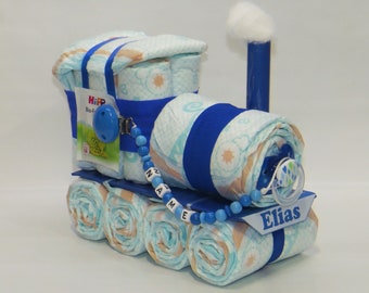 Diaper cake diaper locomotive + pacifier chain blue