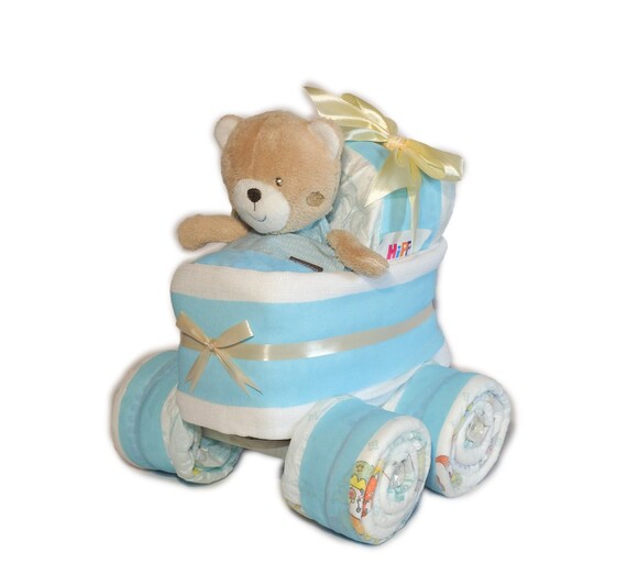 Windeltorte mit Windelkinderwagen XL-Reifen Bär Geburt-Taufe blau