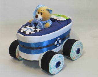 Diaper cake - Diaper racing car "Rallye" + bear blue