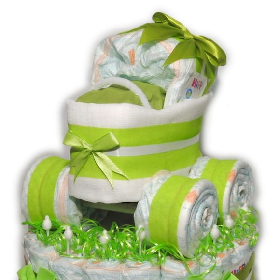 Torta Di Pannolini Carrello Per Bambino Verde – 28 Pannolini Dodot Taglia 3, 100% Fatta A Mano, Regalo Originale Per Neonati
