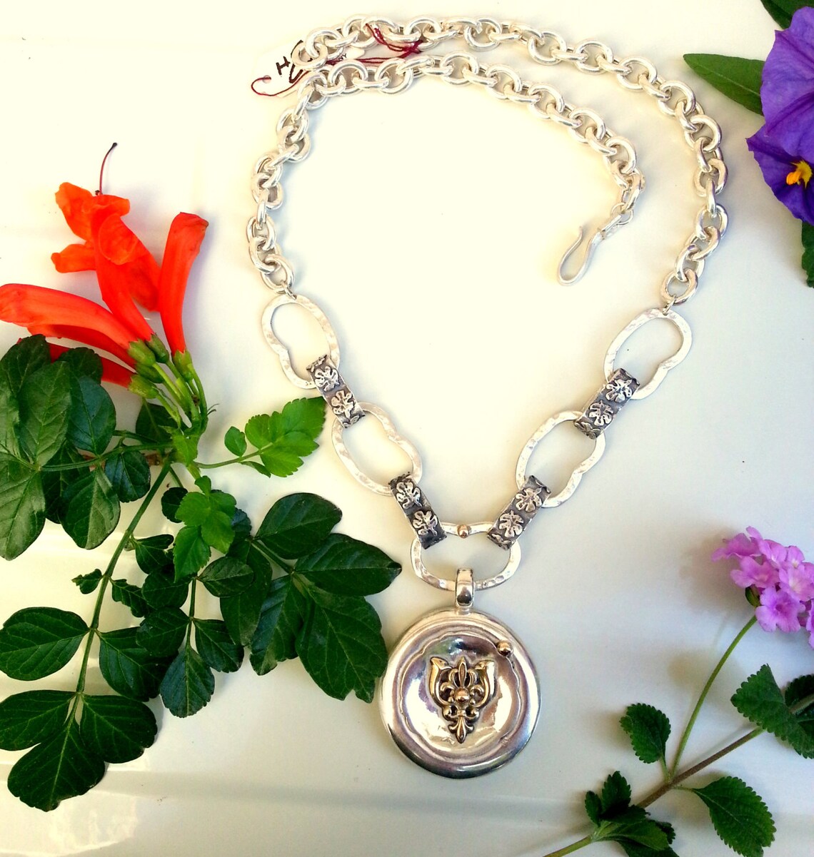 Large Silver Pendant With a Gold Royal Lily Big Silver Links Etsy