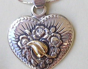 Heart necklace, Sterling 925 silver and gold Necklace, Large heart,  Israeli jewelry with Roses and a gold Leaf Handmade