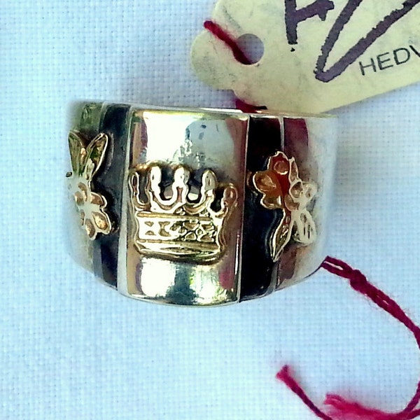 Bible ring, Queen of sheba ring, silver and gold ring decorated with a gold crown and gold flowers