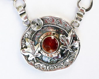 Karneol, silver- och guldhalsband, handgjort, israeliska smycken, stort hänge, statementhalsband
