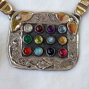 Biblical Hoshen inspiration, silver and gold, 12 gems, thick silver chain, dove at he back, Bible inspiration Torah necklace