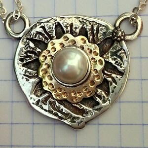 Silver, gold and pearl necklace, silver necklace set with a pearl, delicate silver necklace