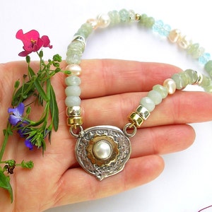 Aqua Marine, Blue Topaz, pearls, silver, gold, handmade necklace, zodiac Pisces, made in Israel, Israeli jewelry