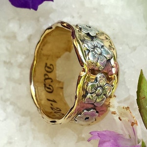 Wedding ring gold and silver Daisies, 14 kt gold and silver Daisies, Judaica, Kabbalah, marriage, made in Israel  Holy Land israeli designer