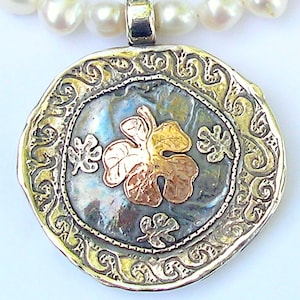 Pearls necklace, Silver and gold Fig leaf, Made in Israel, large pendant