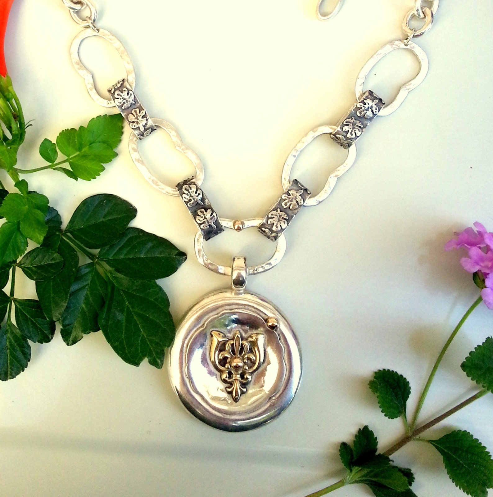 Large Silver Pendant With a Gold Royal Lily Big Silver Links Etsy