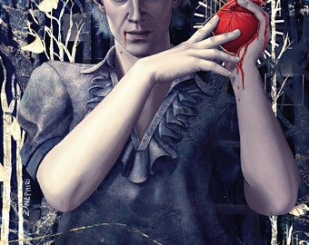 Puede incluir: Una persona con piel pálida y cabello plateado sostiene un corazón rojo en su mano. El corazón gotea sangre. El fondo es un diseño abstracto azul oscuro y dorado.