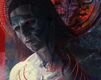 Könnte beinhalten: Digitales Kunstporträt einer Person mit dunklem Haar und roten Augen, mit Heiligenschein und roten Akzenten. Die Haut der Person ist eine Mischung aus Blau und Weiß, mit roten Linien über der Brust. Der Hintergrund ist eine Mischung aus Rot, Lila und Blau.