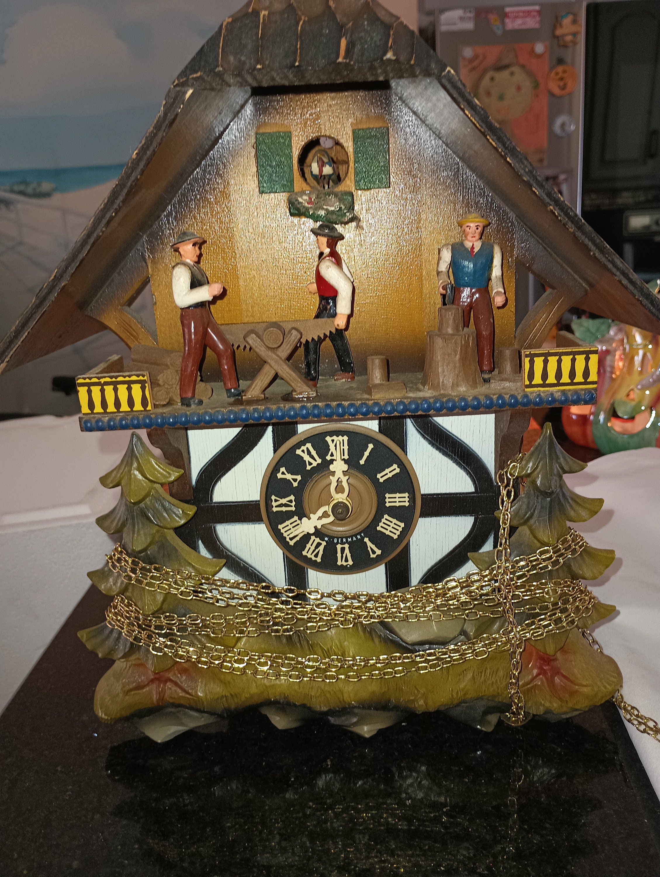 Cuckoo Clock Pendulum - 7" Maple Leaf Design With Hand-Painted Flowers, Brown Finish, Adjustable Slider