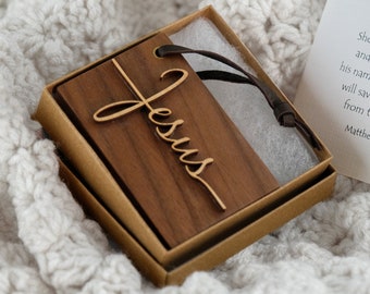 Walnut "Jesus" Christmas Tree Ornament with Brass and Leather with Keepsake Box