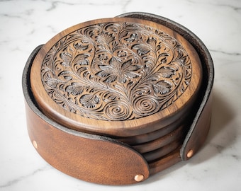 Made in Texas! Walnut Coaster Set with Leather Holder with Copper Accents