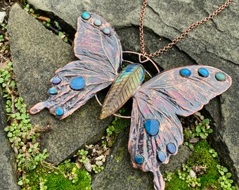 Butterfly, copper electroformed, with labradorite and opal