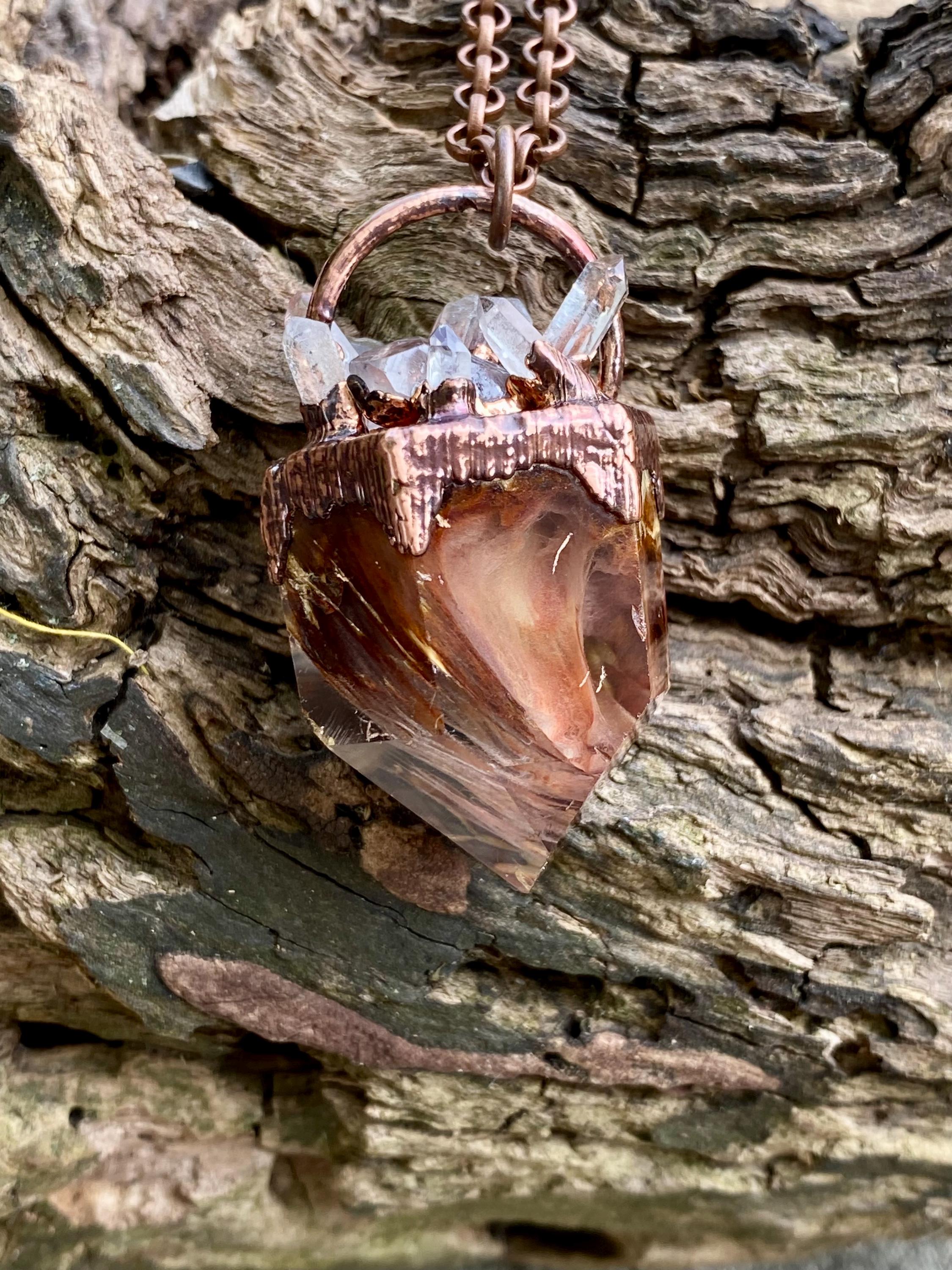 polished Amphibole quartz with multiple crystal points necklace electroformed in copper