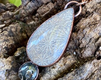 Fossil coral and Turritella, copper electroformed necklace