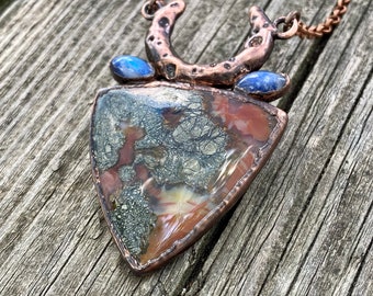 Electroformed red Marcasite and moonstone copper electroformed necklace