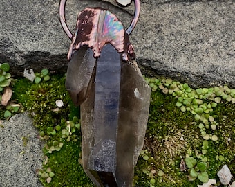 Smoky Quartz and opal copper electroformed necklace