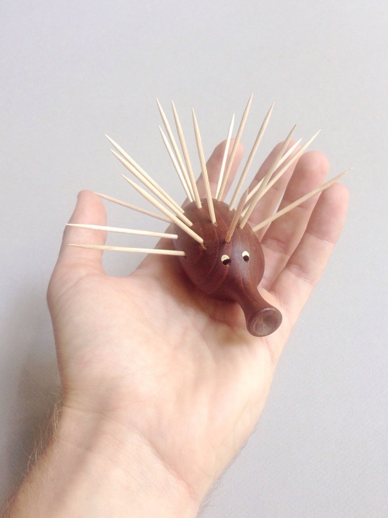 Vintage Teak Hedgehog Toothpick Holder Etsy