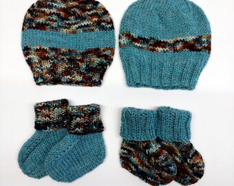 Hand Knit Wool Newborn Hat and Booties Set: Twin Gift