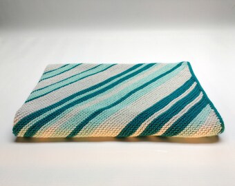 Striped Organic Baby Blanket, Aqua Blue Organic Merino Baby Blanket, Machine Washable Knit Baby Blanket, Ready to Ship