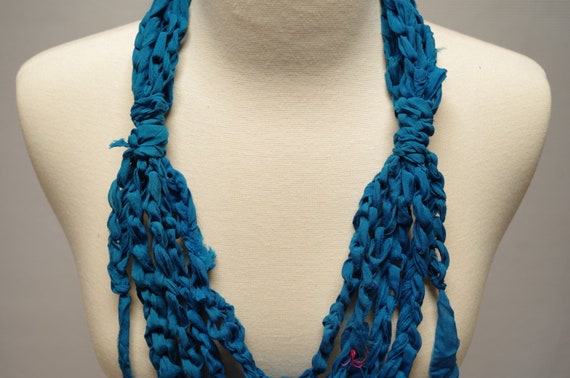 Turquoise Crochet Sari Silk Necklace, Upcycled Boho Fiber Art
