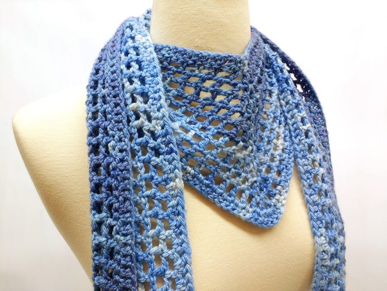 Blue Mesh Bandana Scarf, Crochet Mesh Triangle Scarf, Blue Lace Neckwear, Simple Lightweight Scarf, Ready to Ship image 3