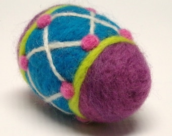 Purple Needle Felted Easter Egg, Purple Egg with Blue and Yellow Bands, 100% Wool Easter Egg, Ready To Ship