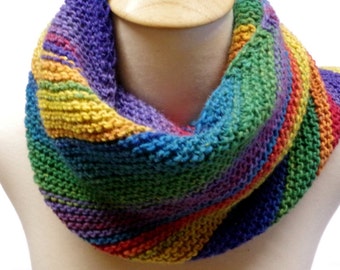 Rainbow Fringe Bias Scarf, Hand Knit Multi Color Striped Slotted Scarf, Half Scarf, Ready To Ship