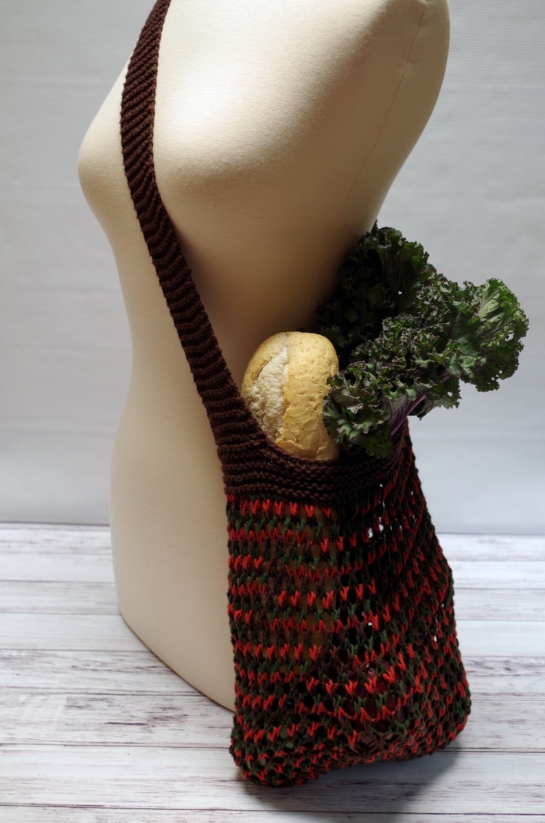 Red Brown Mesh Bag of Holding {Produce} Hand Knit Durable 100/% Cotton Cross Body Bag Green Ready to Ship Reusable Market Tote